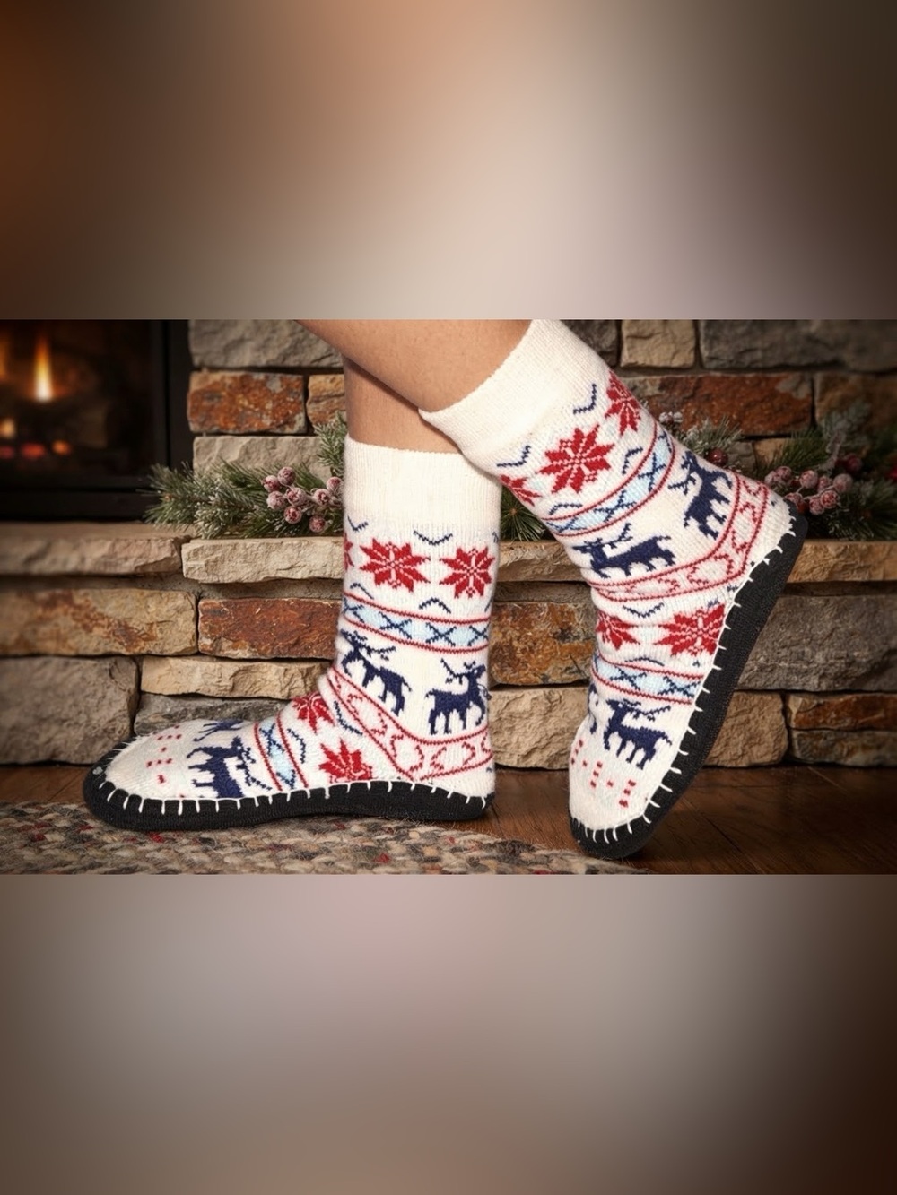 Knitted socks with sole Warm Women's slipper socks Christmas Deer animal design